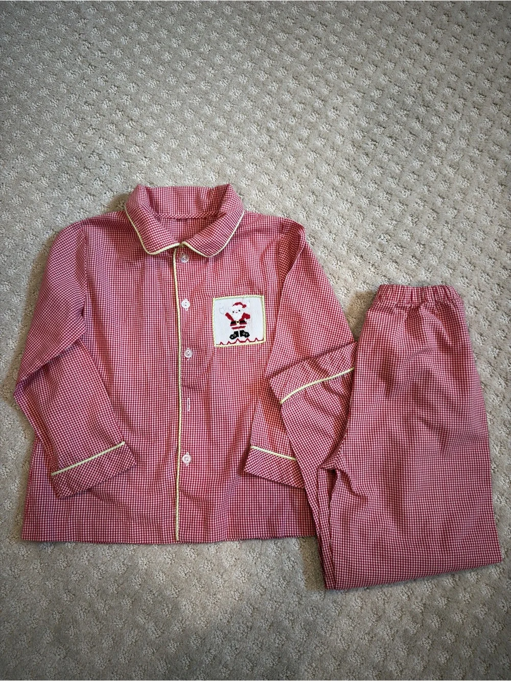 Kids Red Gingham Two-Piece Pajama Set with embroidered Santa Patch